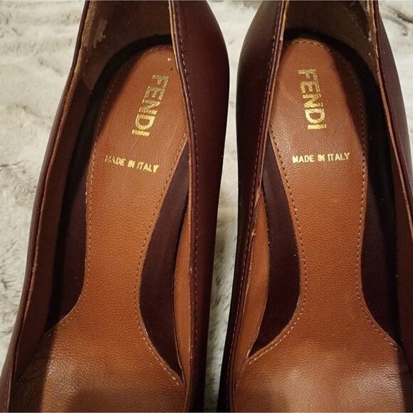 FENDI BLOCK HEEL BROWN LEATHER HEELS SIZE 37 6.5 - Picture 8 of 11